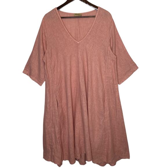 Positano Jean Paul 100% Linen A-Line High Low Midi Dress Pink - Picture 1 of 5